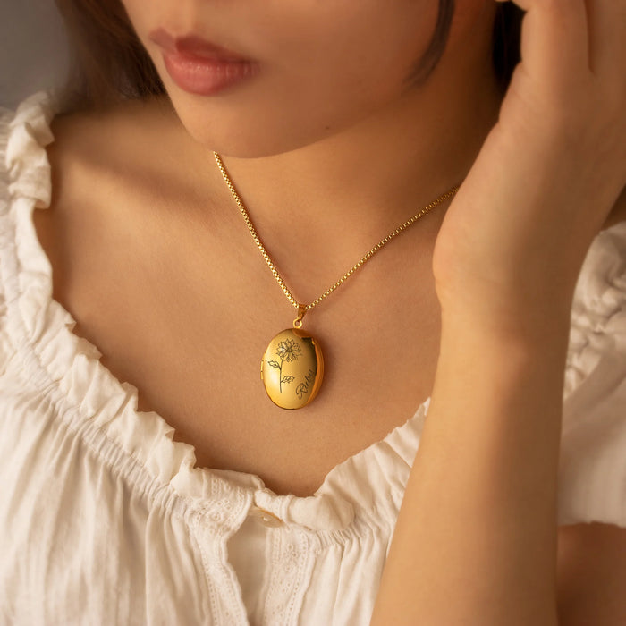 Oval Birth Flower and Name Photo Locket Necklace-Jewelry-Anavia-Afterlife Essentials