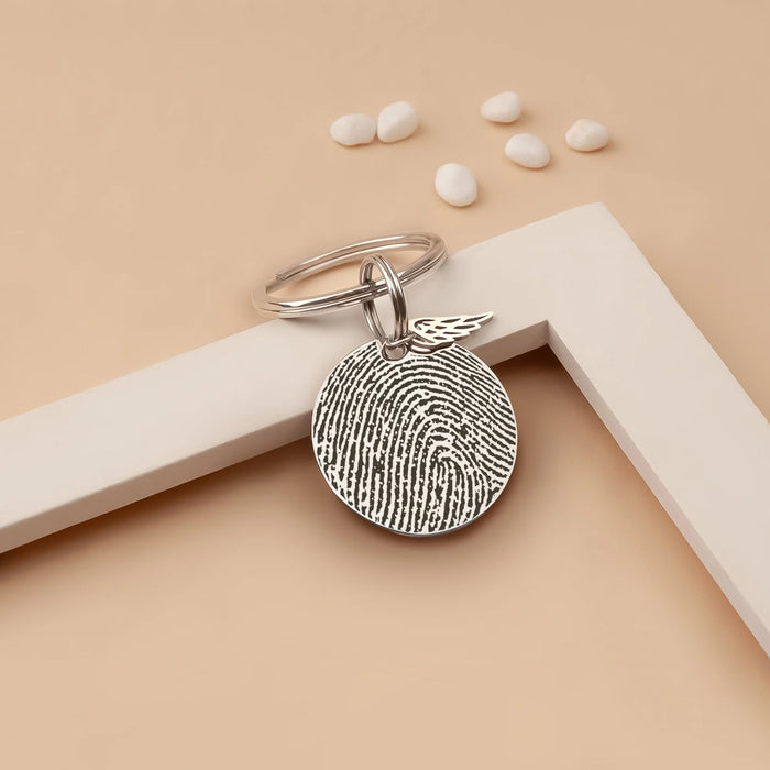 Fingerprint Round Memorial Key Chain with Angel Wing Charm-Jewelry-Anavia-Afterlife Essentials