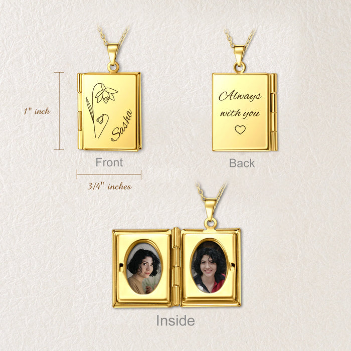 Square Birth Flower and Name Photo Locket Necklace-Jewelry-Anavia-Afterlife Essentials