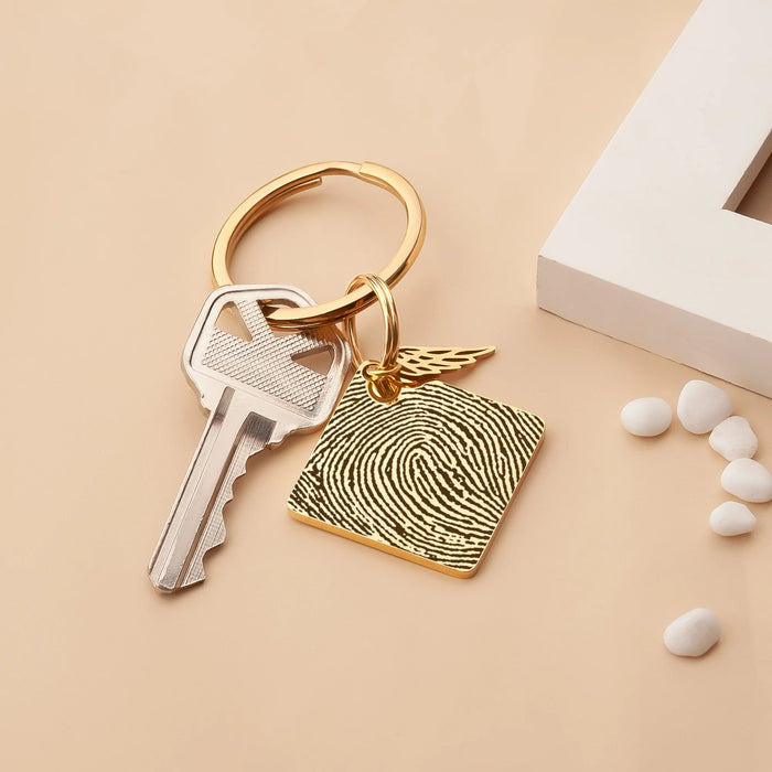 Fingerprint Diamond Memorial Key Chain with Angel Wing Charm-Jewelry-Anavia-Afterlife Essentials