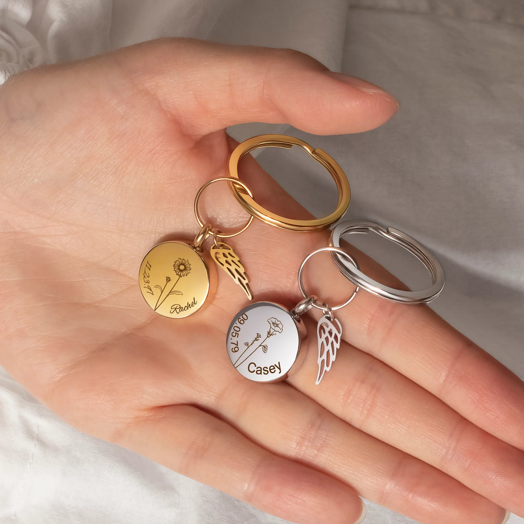 Round Birth Flower, Name, and Date Coin Memorial Key Chain — Afterlife ...
