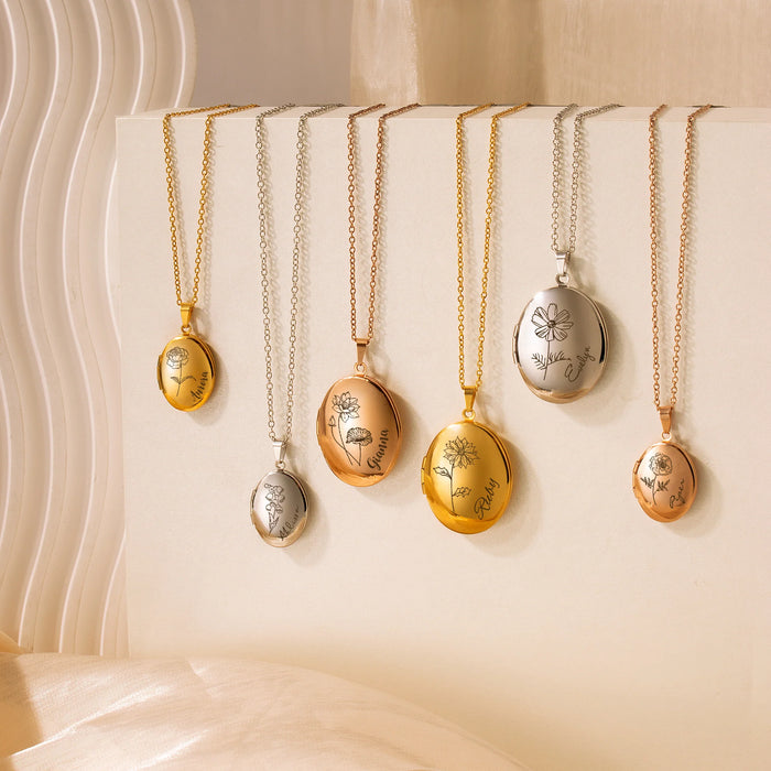 Oval Birth Flower and Name Photo Locket Necklace-Jewelry-Anavia-Afterlife Essentials