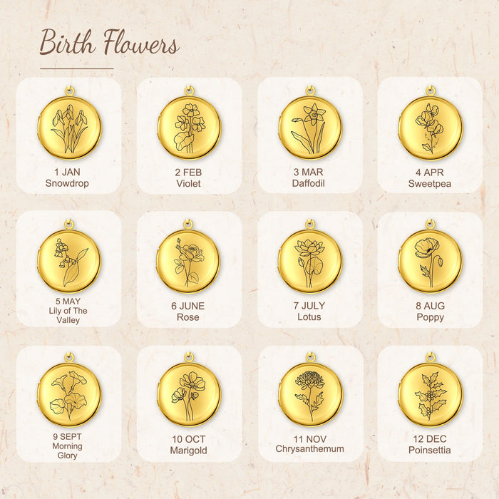 Round Birth Flower Photo Locket Necklace-Jewelry-Anavia-Afterlife Essentials