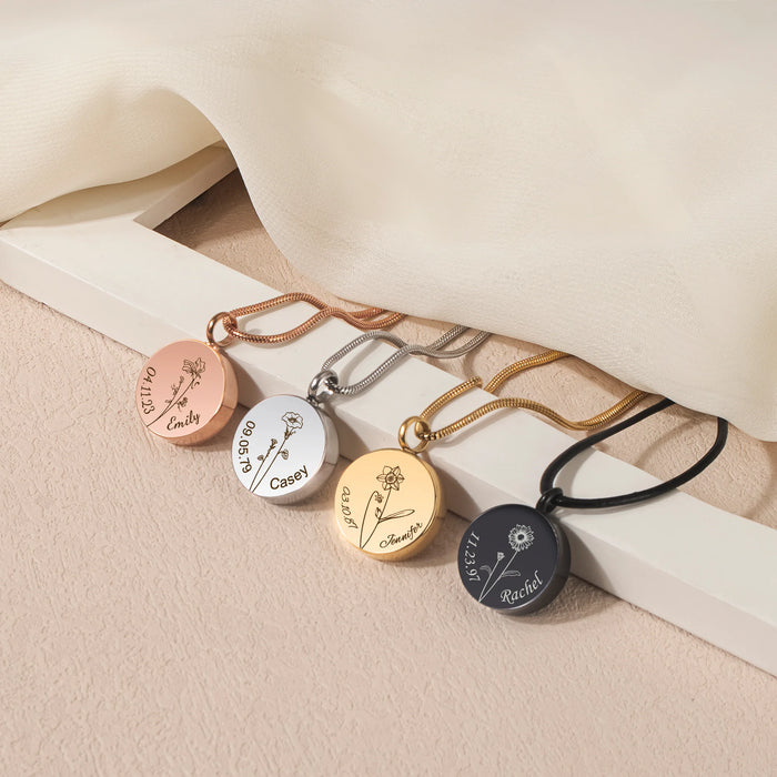 Coin Flower, Date, and Name Memorial Necklace Cremation Jewelry-Jewelry-Anavia-Afterlife Essentials
