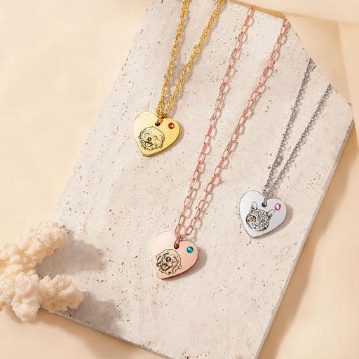 Pet Portrait Birthstone Heart Necklace-Jewelry-Anavia-Afterlife Essentials
