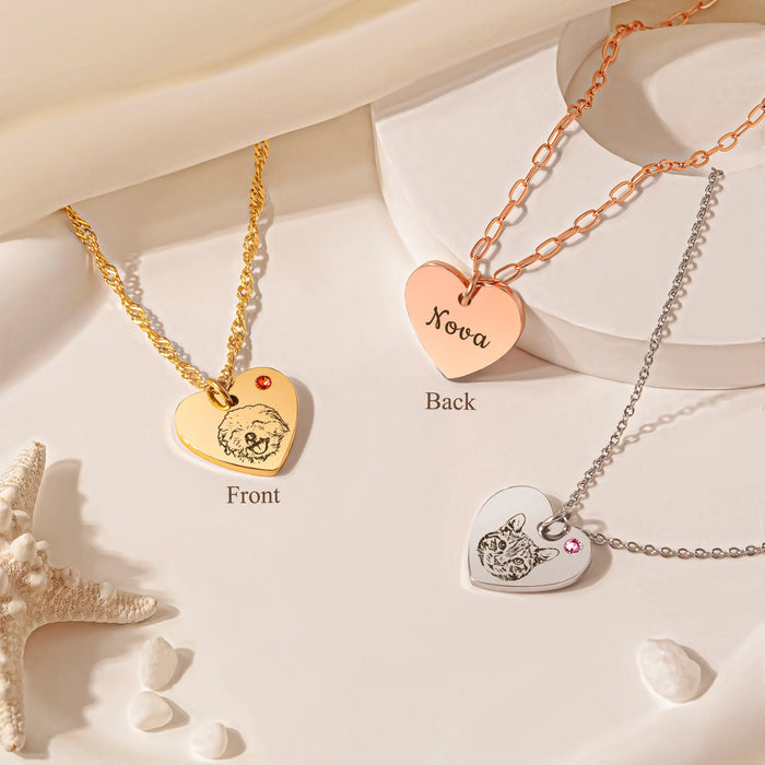 Pet Portrait Birthstone Heart Necklace-Jewelry-Anavia-Afterlife Essentials