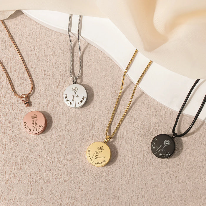 Coin Flower, Date, and Name Memorial Necklace Cremation Jewelry-Jewelry-Anavia-Afterlife Essentials
