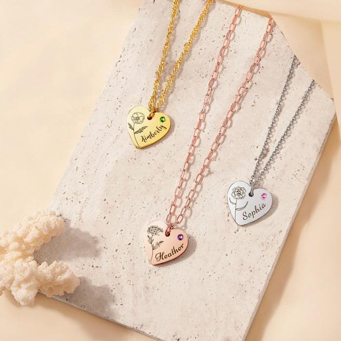 Birth Flower Birthstone Heart Necklace-Jewelry-Anavia-Afterlife Essentials