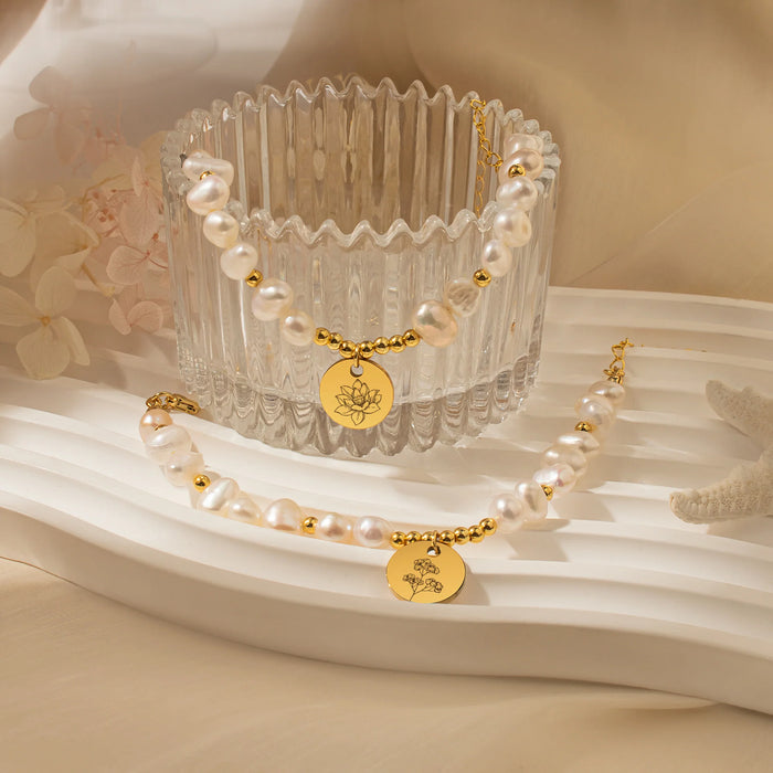 Personalized Birth Flower Charm Pearl Bracelet-Jewelry-Anavia-Afterlife Essentials