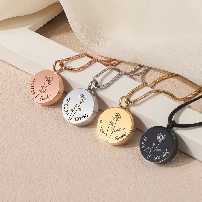 Coin Flower, Date, and Name Memorial Necklace Cremation Jewelry-Jewelry-Anavia-Afterlife Essentials