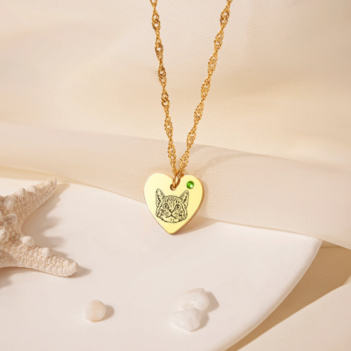 Pet Portrait Birthstone Heart Necklace-Jewelry-Anavia-Afterlife Essentials
