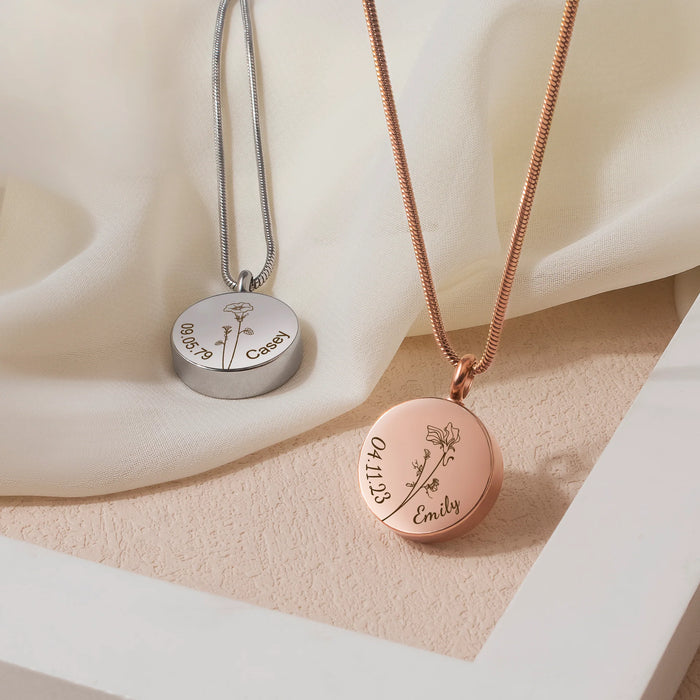 Coin Flower, Date, and Name Memorial Necklace Cremation Jewelry-Jewelry-Anavia-Afterlife Essentials