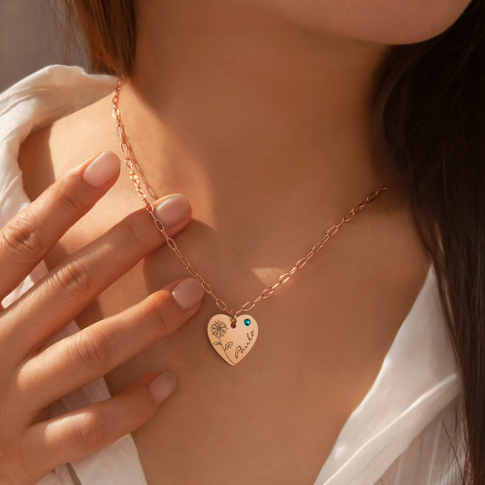 Birth Flower Birthstone Heart Necklace-Jewelry-Anavia-Afterlife Essentials