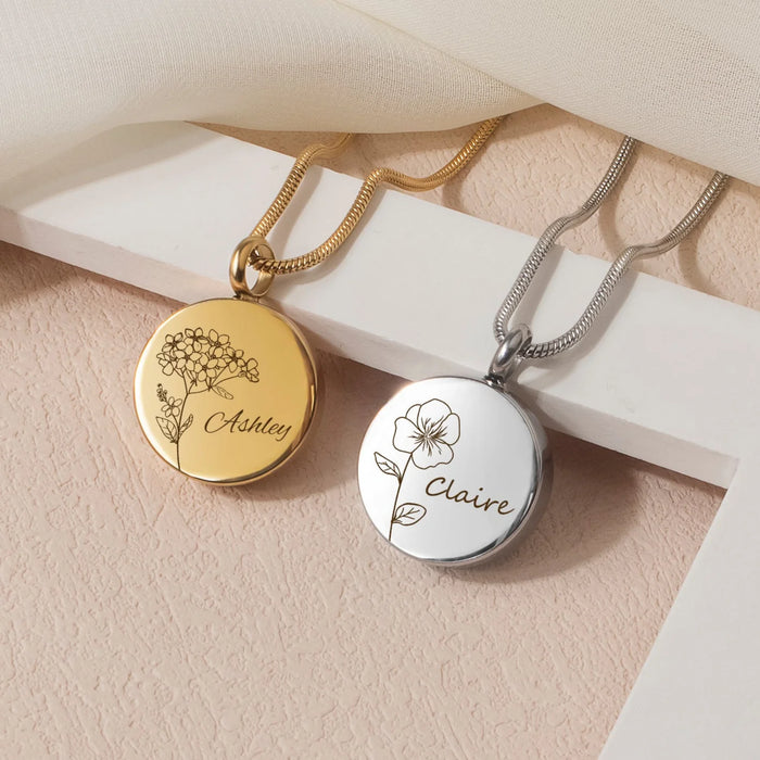 Coin Flower and Name Memorial Necklace Cremation Jewelry-Jewelry-Anavia-Afterlife Essentials