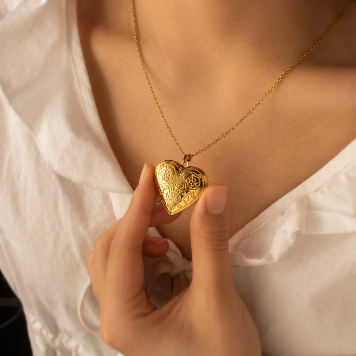 Symmetrical Floral Pattern Photo Heart Locket Necklace-Jewelry-Anavia-Afterlife Essentials