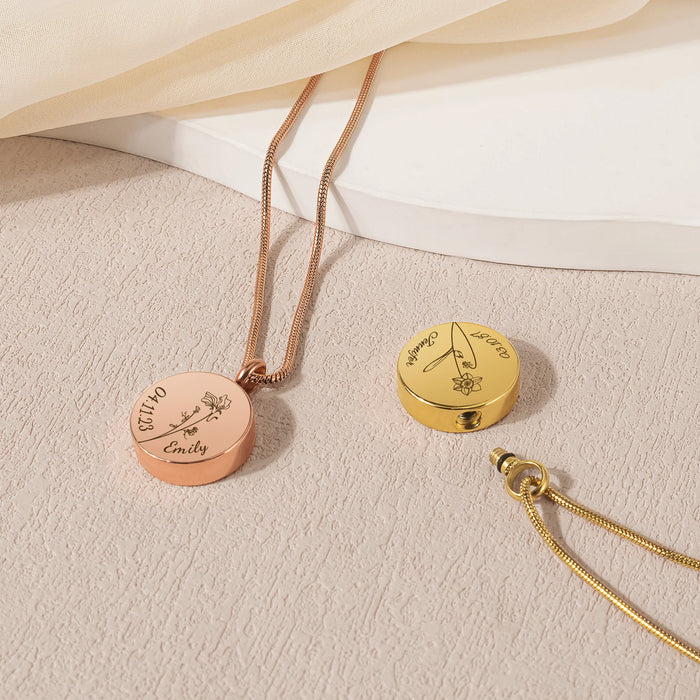 Coin Flower, Date, and Name Memorial Necklace Cremation Jewelry-Jewelry-Anavia-Afterlife Essentials