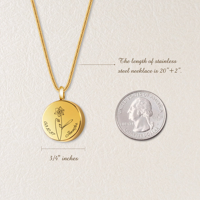 Coin Flower, Date, and Name Memorial Necklace Cremation Jewelry-Jewelry-Anavia-Afterlife Essentials