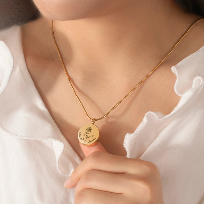 Coin Flower, Date, and Name Memorial Necklace Cremation Jewelry-Jewelry-Anavia-Afterlife Essentials