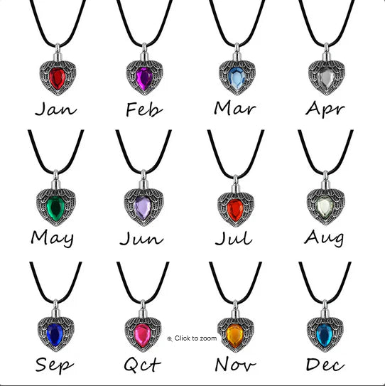 Angel Wing Birthstone Heart Memorial Necklace-Jewelry-Anavia-Afterlife Essentials