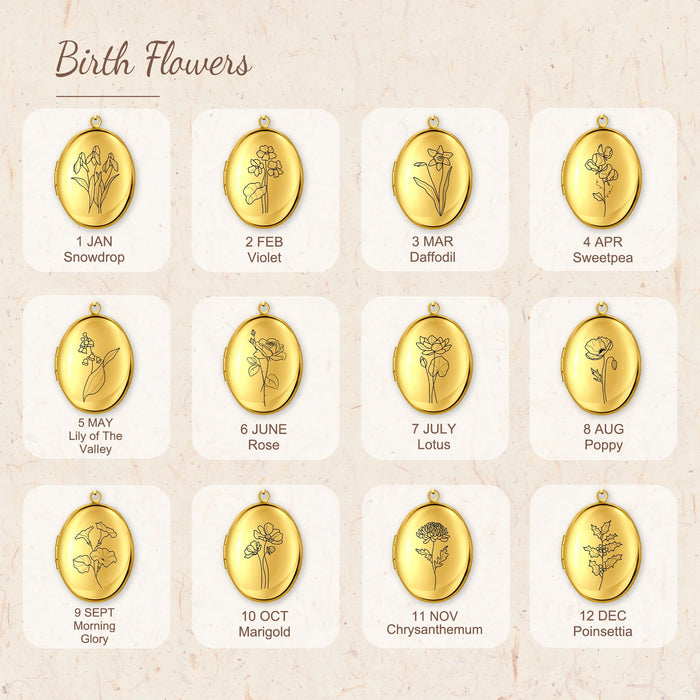Oval Birth Flower Photo Locket Necklace-Jewelry-Anavia-Afterlife Essentials