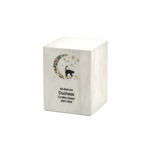 Monumental Memorials Cat & Moon Pink Inlay White Small Cremation Urn-Cremation Urns-Terrybear-Afterlife Essentials