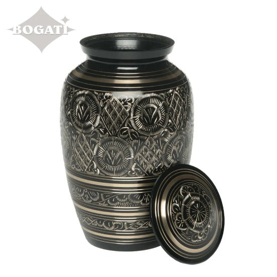 Classic Brass Urn Black and Gold Etched-Adult Size Urn-Cremation Urns-Bogati-Afterlife Essentials