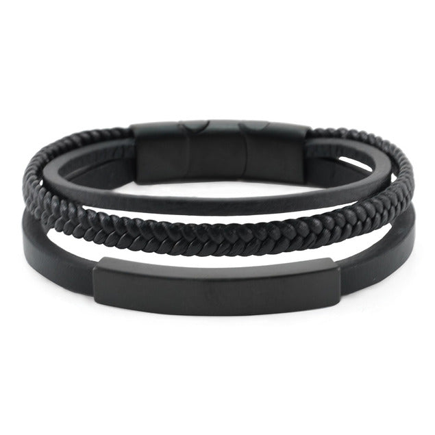 Triple Band Leather Bracelet, Onyx/Black Cremation Jewelry-Jewelry-Urns of Distinction-Afterlife Essentials