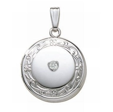 14K White Gold Cremation & Hair Locket w/ Diamond Center Jewelry - 610PG65326-Jewelry-Photograve-14K White Gold-3/4" X 3/4"-Afterlife Essentials