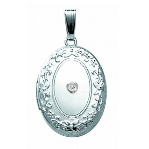 Sterling Silver Cremation & Hair Locket w/ Diamond Center Jewelry - 610PG65349-Jewelry-Photograve-Sterling Silver-1/2" X 1"-Afterlife Essentials