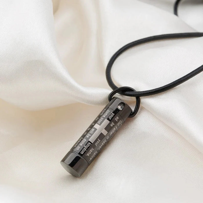 Black Our Father Prayer Cross Cylinder Memorial Necklace Cremation Jewelry-Jewelry-Anavia-Afterlife Essentials