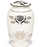 An off-white ceramic cremation urn with a matching lid, decorated with black and silver floral and leaf motifs.