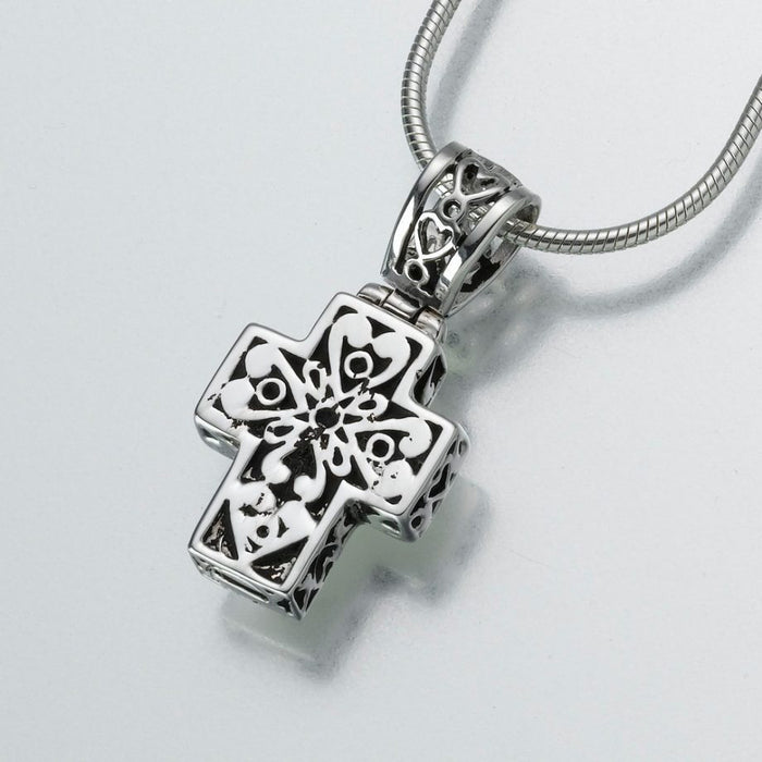 Filigree Cross Pendant Cremation Jewelry-Jewelry-Madelyn Co-14K White Gold-Free 24" Black Satin Cord-Afterlife Essentials