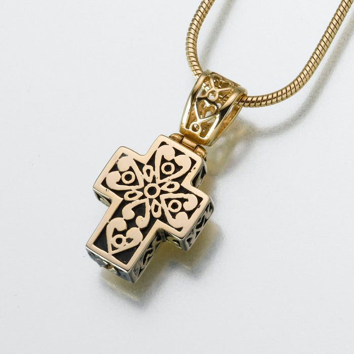 Filigree Cross Pendant Cremation Jewelry-Jewelry-Madelyn Co-14K Yellow Gold-Free 24" Black Satin Cord-Afterlife Essentials