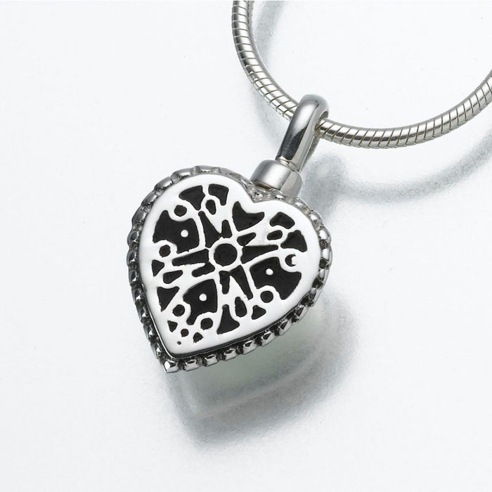 Small Filigree Heart Pendant Cremation Jewelry-Jewelry-Madelyn Co-14K White Gold-Free 24" Black Satin Cord-Afterlife Essentials
