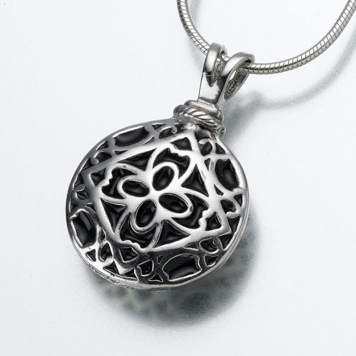 Filigree Round Pendant Cremation Jewelry-Jewelry-Madelyn Co-14K White Gold-Free 24" Black Satin Cord-Afterlife Essentials