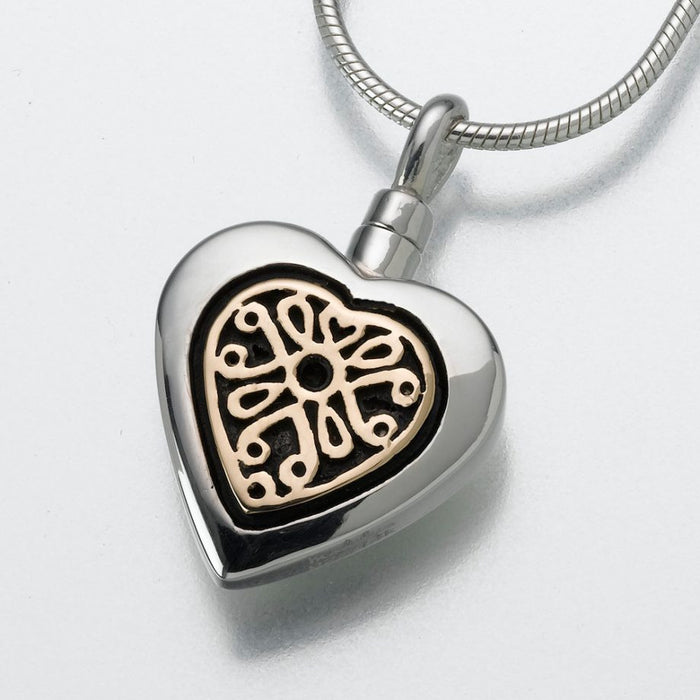 Heart Pendant with Filigree Insert Cremation Jewelry-Jewelry-Madelyn Co-Sterling Silver with 14K Gold-Free 24" Black Satin Cord-Afterlife Essentials