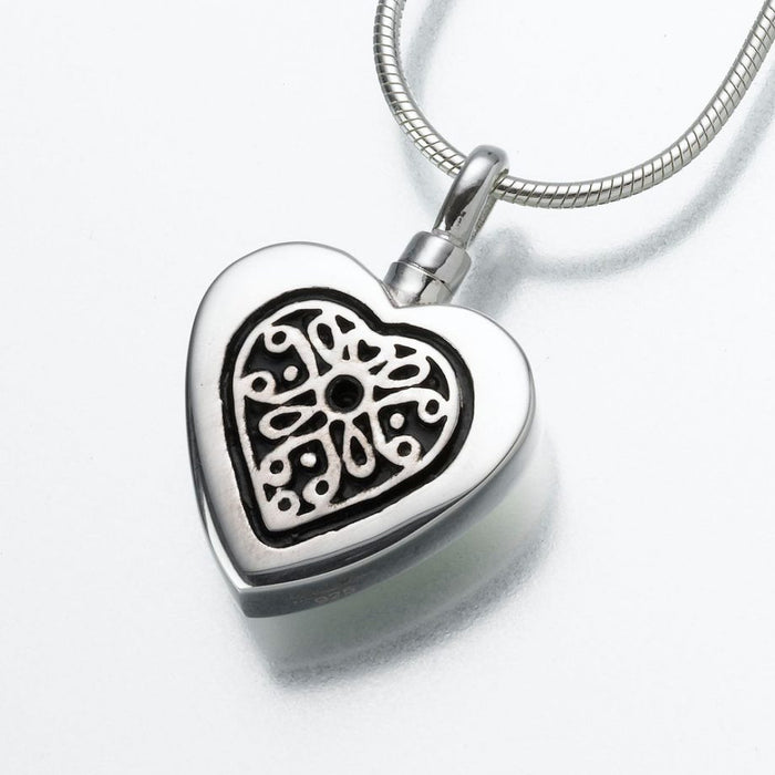 Heart Pendant with Filigree Insert Cremation Jewelry-Jewelry-Madelyn Co-14K White Gold-Free 24" Black Satin Cord-Afterlife Essentials