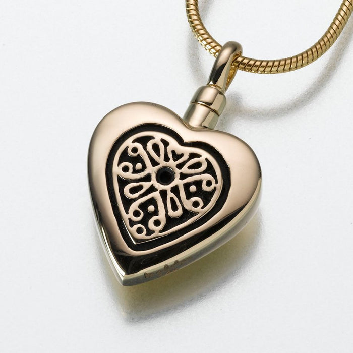 Heart Pendant with Filigree Insert Cremation Jewelry-Jewelry-Madelyn Co-14K Yellow Gold-Free 24" Black Satin Cord-Afterlife Essentials