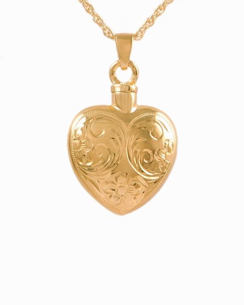Gold Plated Etched Flower Heart Cremation Jewelry-Jewelry-Cremation Keepsakes-Afterlife Essentials