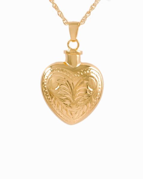 Gold Plated Etched Feather Heart Cremation Jewelry-Jewelry-Cremation Keepsakes-Afterlife Essentials