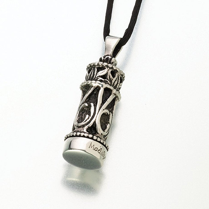 Small Chromate Filigree Cylinder Pendant Cremation Jewelry-Jewelry-Madelyn Co-Sterling Silver-Free 24" Black Satin Cord-Afterlife Essentials
