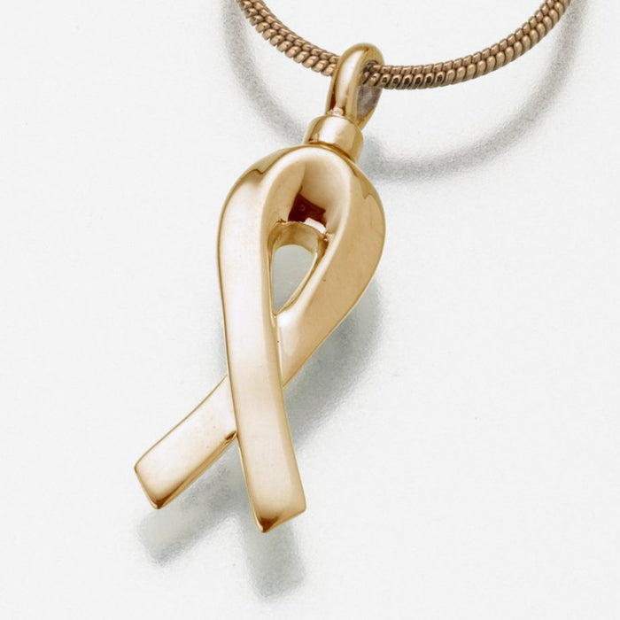 Remembrance Ribbon Pendant Cremation Jewelry-Jewelry-Madelyn Co-14K Yellow Gold-Free 24" Black Satin Cord-Afterlife Essentials