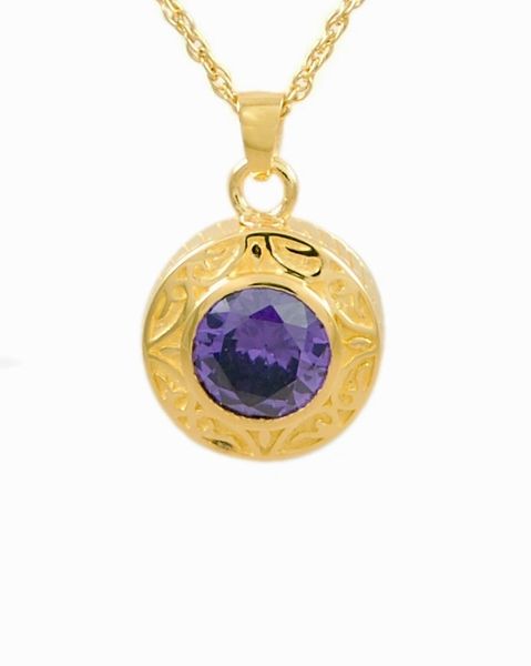 Gold Plated Round with Amethyst Stone Cremation Jewelry-Jewelry-Cremation Keepsakes-Afterlife Essentials