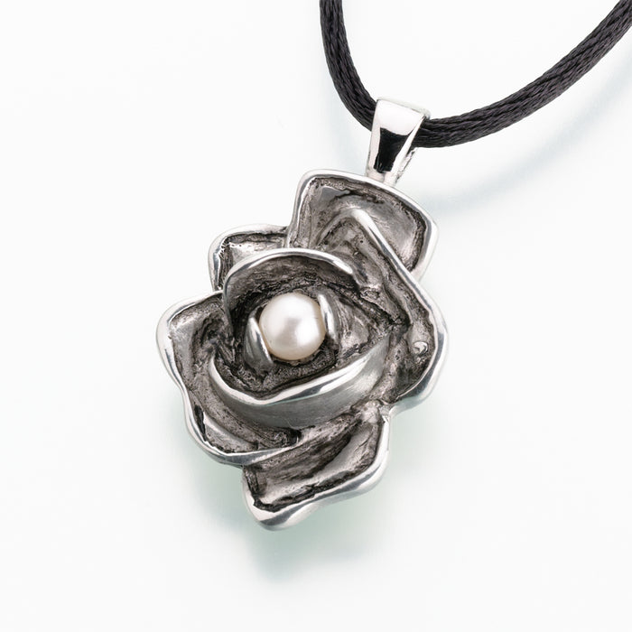 Rose w/Pearl Pendant Cremation Jewelry-Jewelry-Madelyn Co-antique pewter finish-Free 24" Black Satin Cord-Afterlife Essentials