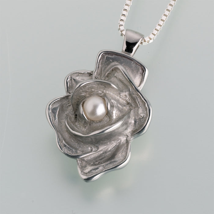 Rose w/Pearl Pendant Cremation Jewelry-Jewelry-Madelyn Co-classic pewter finish-Free 24" Black Satin Cord-Afterlife Essentials