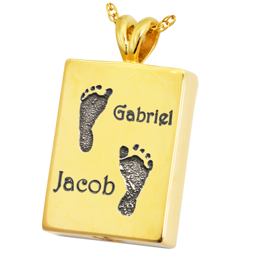 Rectangle Jewelry- Twin Footprints with Names-Jewelry-New Memorials-14K Solid Yellow Gold (allow 4-5 weeks)-Chamber (for ashes)-Afterlife Essentials