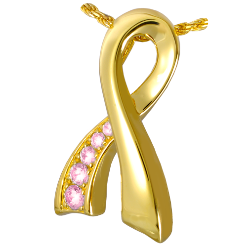 Breast Cancer Ribbon Pink Stones Pendant Cremation Jewelry-Jewelry-New Memorials-14K Gold Plating (14K over sterling silver)-Afterlife Essentials