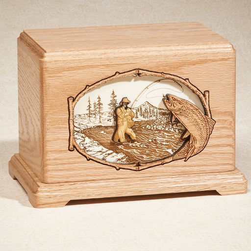 Fly Fishing Oak Wood 200 cu in Cremation Urn-Cremation Urns-Infinity Urns-Afterlife Essentials