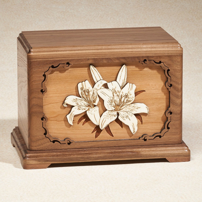 Lillies Oak Wood Adult 200 cu in Cremation Urn-Cremation Urns-Infinity Urns-Afterlife Essentials