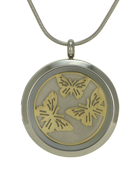 Round Pendant Butterflies Necklace Cremation Jewelry (2 inserts)-Jewelry-Terrybear-Pewter-Afterlife Essentials